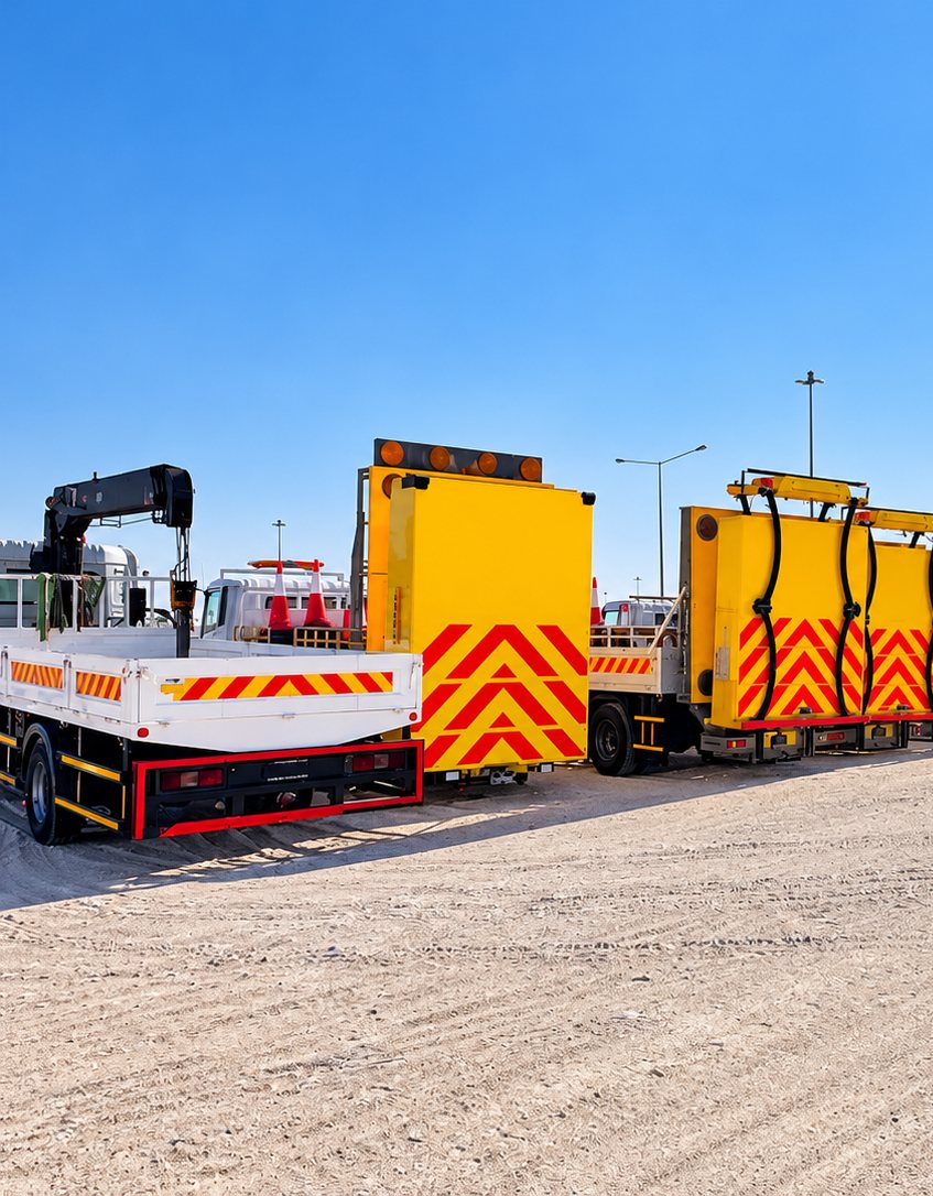 Al Moizz TMA and crane support trucks parked in the yard, ready for mobilisation