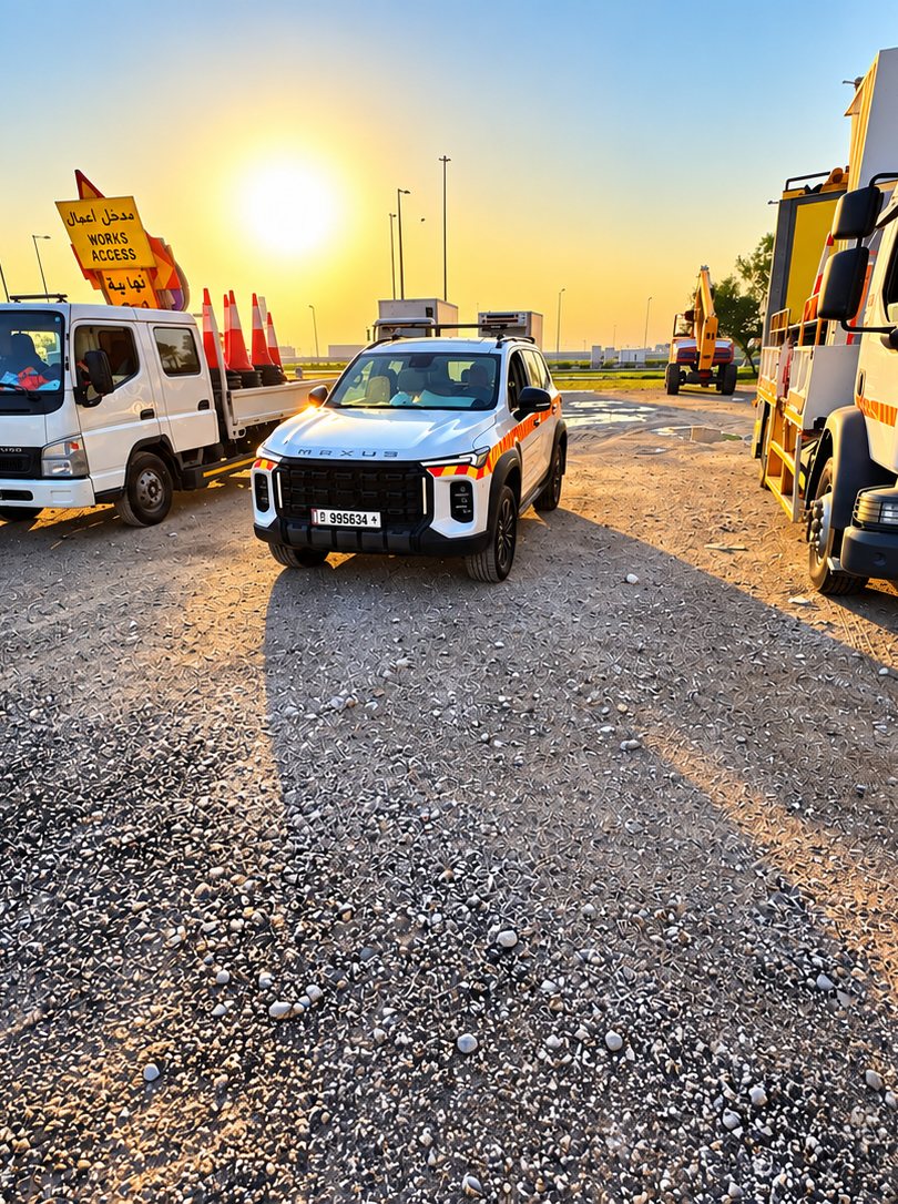 Al Moizz TMA, support trucks and RWSV mobilised for a traffic-management shift at sunrise